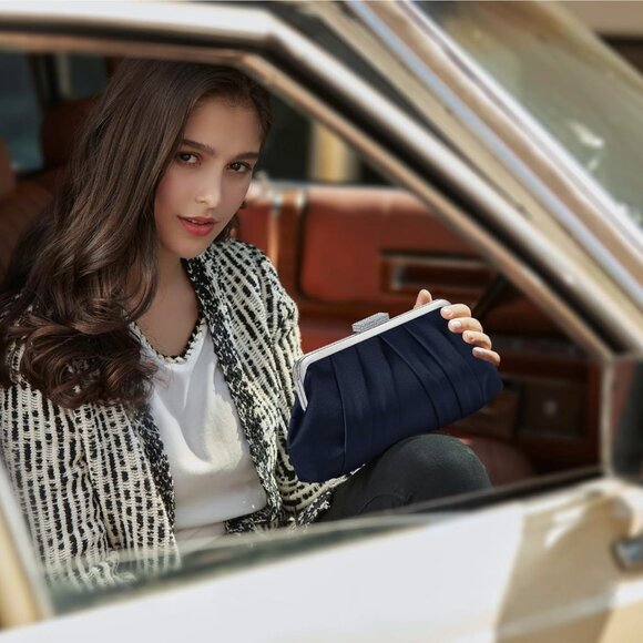 Women Elegant Pleated Clutch Bag Ruched Purse with Metal Chain, Dressy Crossbody - Picture 8 of 8